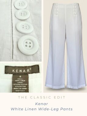 Kenar White 100% Linen Wide Leg Pants |Nautical Button Detail | Fully Lined